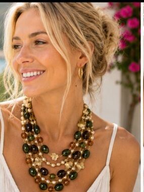 Multi-Strand Statement Necklace - Green & Gold